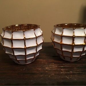 Fifth Avenue Crystal Hive White & Gold Glass  Cup Candle Holder Lot of 2
